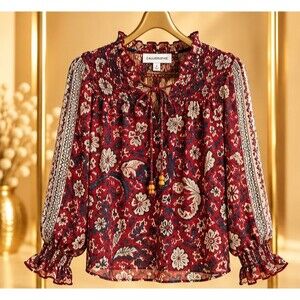 Calligraphie Women Blouse Large Oxblood Floral Paisley Smocked Boho Long Sleeve